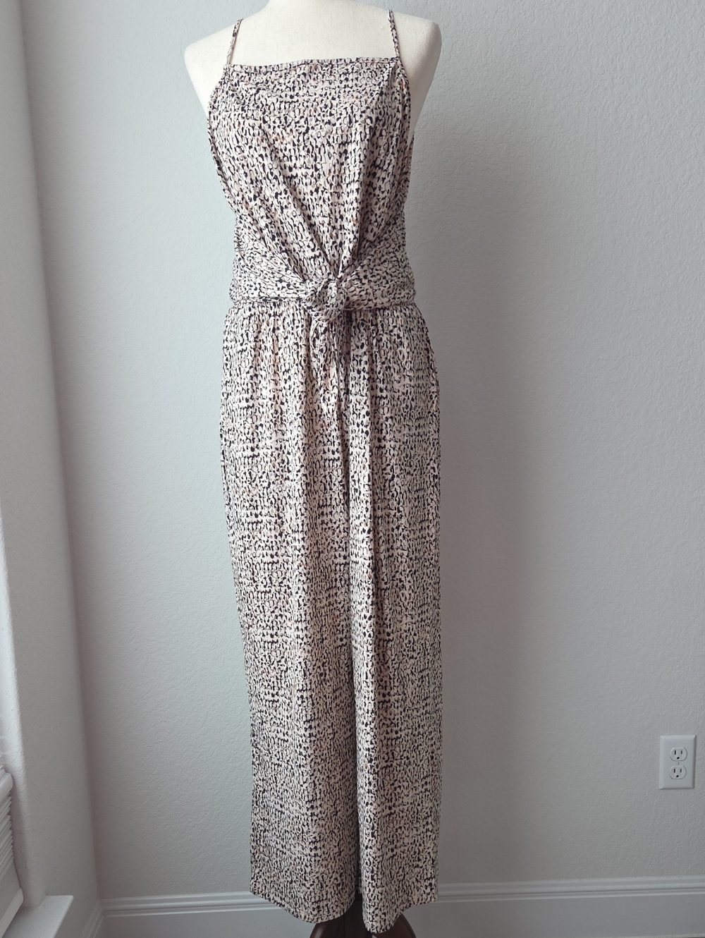 Maurices Beige Black Tie-Waist Sleeveless Jumpsuit Leopard Animal Pant Wide Leg